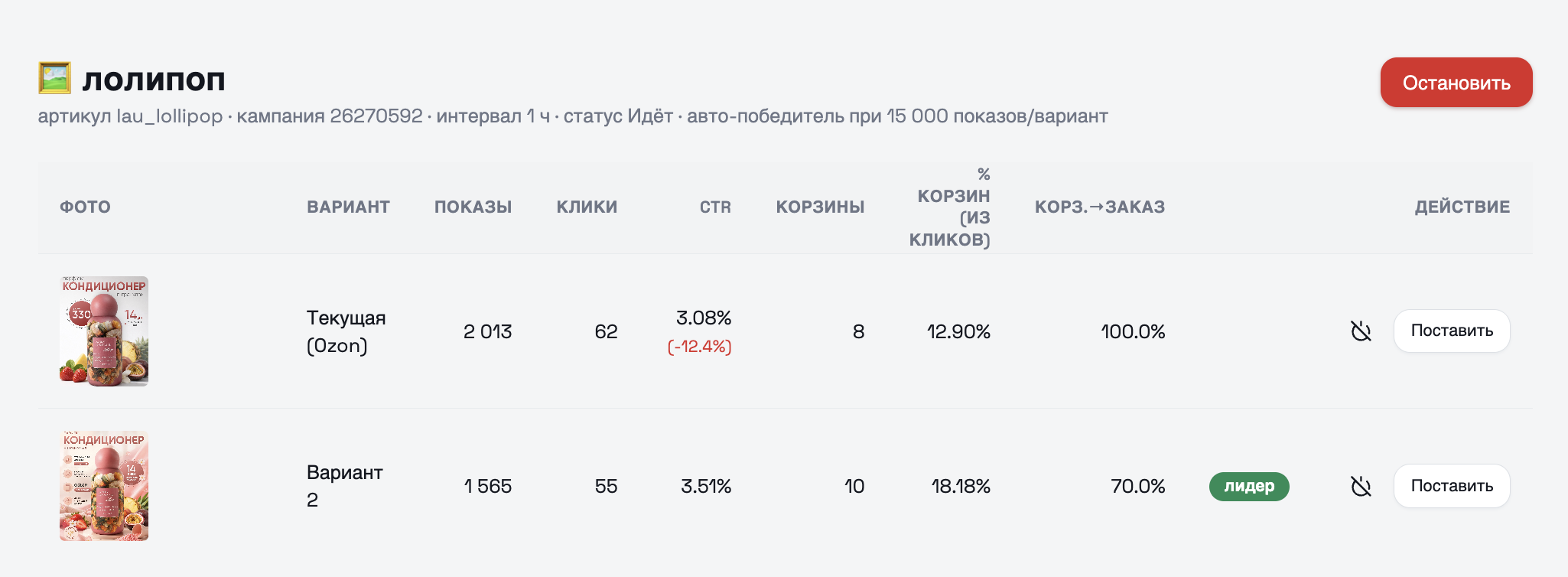 Скриншот A/B-теста первой фотографии